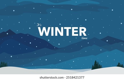 Hand drawn evening winter landscape design with mountains, trees and snow. Seasonal vector illustration for banners, backgrounds, postcards, invitations