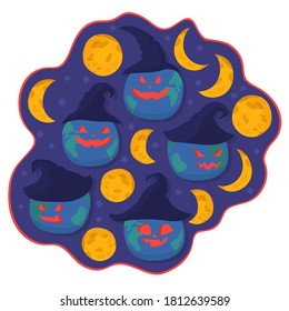Hand drawn evil Earths set smiling like pumpkins. Planet characters in witch hats with luminescence or fire inside. Yellow moons, 
crescents are shining. Isolated vector elements. Halloween party