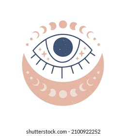 Hand drawn evil eye vector flat illustration. Magic witchcraft third eye with moon phases isolated on white background. Occult symbol. For esoteric t-shirt print, mystical logo, boho poster.
