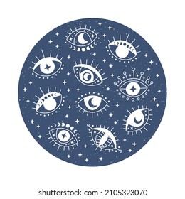 Hand drawn evil eye vector flat illustration. Magic witchcraft third eye with moon phases on blue background. Occult symbol. For esoteric t-shirt print, mystical card, boho poster.