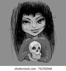 Hand drawn evil girl with skull. Happy halloween. Monochrome. Vector illustration. 