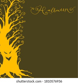 Hand drawn Evil tree silhouette with Halloween calligraphy. Horror scene background. Flat design cover, poster, card, banner, and album.