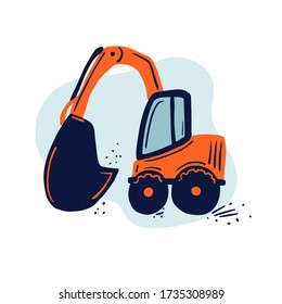 Hand drawn excavator. Cute kids vector illustration.