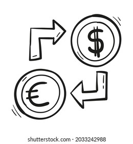 hand drawn exchange currency icon in doodle style isolated.