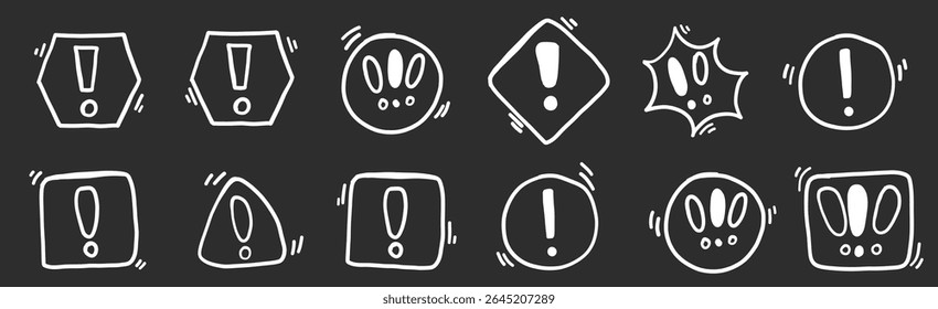 Conjunto de atención de doodle de exclamación dibujado a mano. Importante notificación simple minimalista marca garabato precaución peligro arte.
