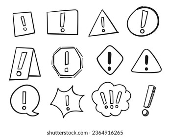 Marca de exclamación dibujada a mano, conjunto de signos de alerta. punto de exclamación del doodle, advertencia, peligro