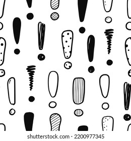 Hand drawn exclamation mark seamless pattern. Scribble doodle exclamation point sign background. Hand drawn sketch danger pattern. Vector illustration