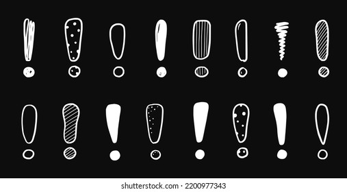 Handgezeichnetes Ausrufezeichen-Set. Doodle-Ausrufezeichen für Schreibebretter. Handgezeichnetes Gefahrenzeichen für Skizzen. Vektorgrafik.