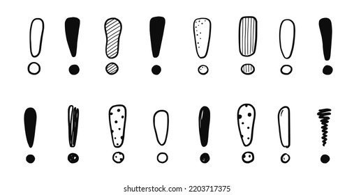 Hand drawn exclamation mark set. Scribble doodle exclamation point sign. Hand drawn sketch danger information sign. Vector illustration.