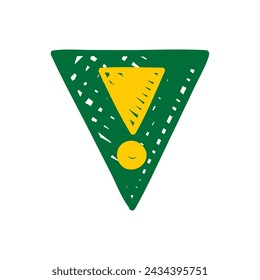 hand drawn exclamation mark. exclamation symbol inside scribble triangle. green triangle and orange exclamation mark
