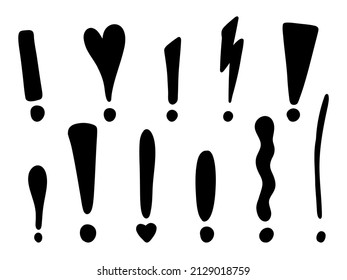 Hand drawn exclamation marks. Doodle exclamation point. Punctuation marks. Black vector illustration on white background.