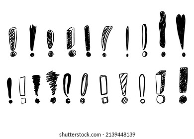 Hand drawn exclamation marks. Doodle exclamation point. Punctuation marks. Black vector handwritten illustration on white background.