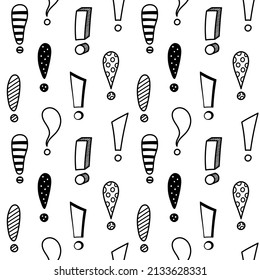 Hand drawn exclamation marks seamless pattern. Hazard warning hand draw symbol. Attention doodle icons. Background with exclamations marks. Vector illustration in doodle style on white background.