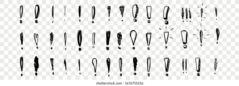 Hand drawn exclamation marks set collection. Pencil and ink various scattered exclamation marks. Sketches of punctuation sign isolated on transparent background. Vector illustration