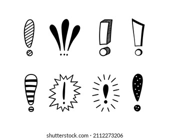 Hand drawn exclamation marks set. Hazard warning hand draw symbol. Attention doodle icons. Exclamations marks icons. Vector illustration isolated in doodle style on white background.