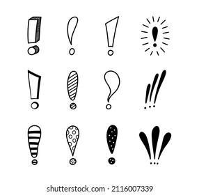 Hand drawn exclamation marks set. Hazard warning hand draw symbol. Attention doodle icons. Exclamations marks icons. Vector illustration isolated in doodle style on white background.