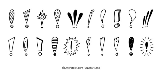 Hand drawn exclamation marks set. Hazard warning hand draw symbol. Attention doodle icons. Exclamations marks icons. Vector illustration isolated in doodle style on white background.