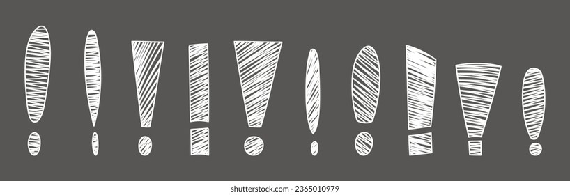 Hand drawn exclamation marks set. Hand drawn chalk doodles exclamation marks on black chalkboard. Scribble exclamation point sign. Sketch of punctuation sign