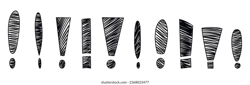 Hand drawn exclamation marks set. Scribble doodle exclamation point sign. Sketch of punctuation sign isolated on white background. Vector illustration