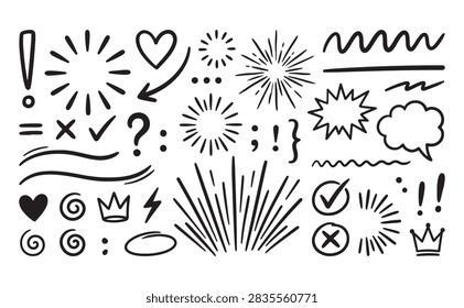 Hand drawn exclamation and question mark doodle set with sunbursts, hearts, check circles, stars, wavy lines, and expressive symbols for alerts, emphasis, notes, reactions, messaging, and versatile creative graphic artwork
