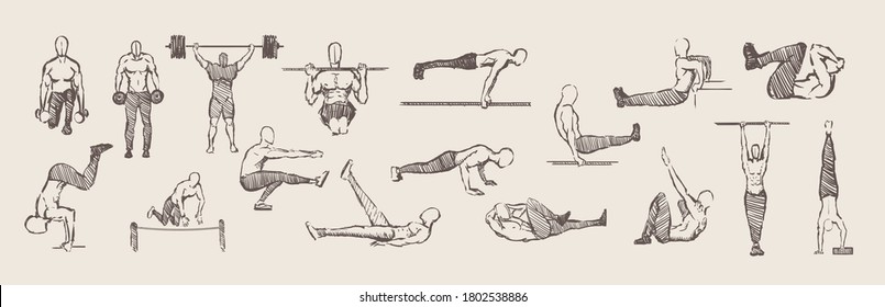 Hand drawn exercises calisthenics training workout set