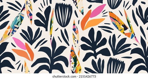 Hand drawn exotic abstract organic floral shapes pattern. Collage contemporary print. Fashionable template for design.