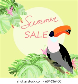 Hand drawn exotic bird toucan sitting on tropical tree. Happy toucan. Toucan Toco. Text summer sale. Vector illustration 