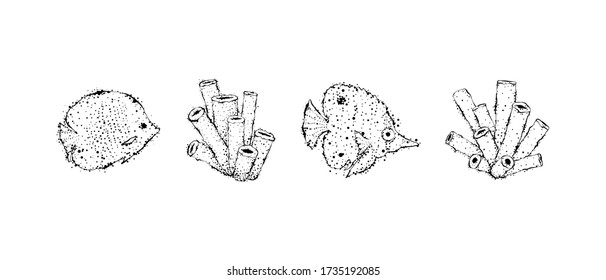 Hand drawn exotic fish and corals. Outline design with dots.