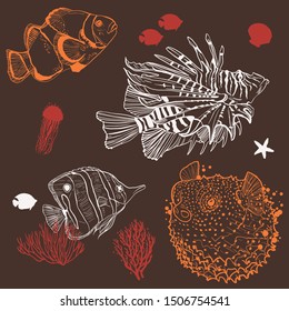 Hand drawn exotic fishes, coral and shell set. 4 color top. Can be used as fabric printing, wallpaper, textile design.