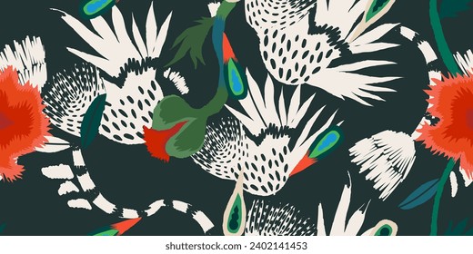 Hand drawn exotic floral pattern. Dynamic ethnic style abstract print. Artistic template for design.