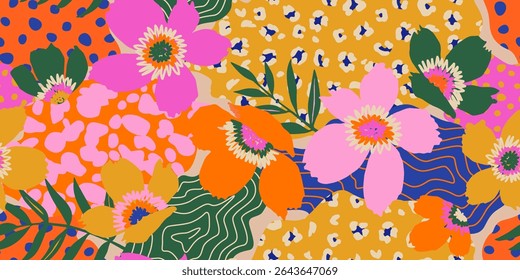 Hand drawn exotic floral pattern. Seamless patterns with flowers and leopard. For fabric, textiles, clothing, posters, covers, banners, wall art, home decor, abstract backgrounds.