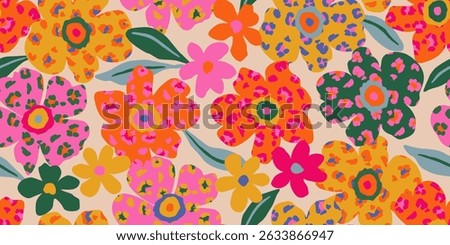 Hand drawn exotic floral pattern. Seamless patterns with flowers and leopard. For fabric, textiles, clothing, poster, cover, banner, wall art, home decor, abstract and backgrounds.