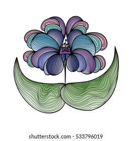 Hand drawn exotic flower in doodle art style. Colorful decoration for cards, wedding invitations, tickets, congratulations, branding, label, poster, banner. Template for coloring books. Vector