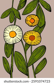 Hand drawn exotic flowers, plants, floral with outlines vector illustration. Artistic design for poster, artprint, wall art and decoration template background.