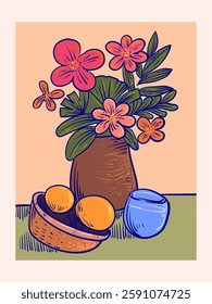 Hand drawn exotic flowers, plants, floral with outlines vector illustration. Artistic design for poster, artprint, wall art and decoration template background.