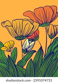 Hand drawn exotic flowers, plants, floral with outlines vector illustration. Artistic design for poster, artprint, wall art and decoration template background.