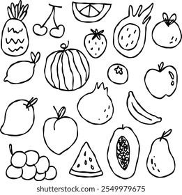 Conjunto de doodles de frutas exóticas desenhadas à mão. Esboço de comida tropical bonito, ilustração de vetor de frutas. padrão para fundo	