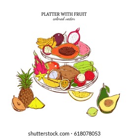 Hand drawn exotic fruits template with platter of colored fresh tropical products isolated vector illustration