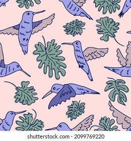 Hand drawn exotic hummingbirds seamless pattern. Perfect for T-shirt, textile and print. Doodle vector illustration for decor and design.
