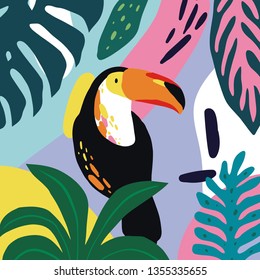 Hand drawn exotic pattern with toucan and tropical leaves. fresh summer pattern for textile, paper, decor and greeting cards