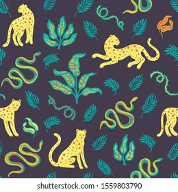 Hand drawn exotic print. Seamless pattern with wild cats, snakes, blackthorn and tropical leaves. Vector modern style illustration for t-shirt, fabric, wrapping and wallpaper design. Doodle background