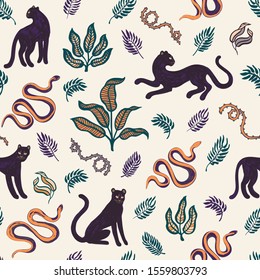 Hand drawn exotic print. Seamless pattern with wild cats, snakes, blackthorn and tropical leaves. Vector modern style illustration for t-shirt, fabric, wrapping and wallpaper design. Doodle background