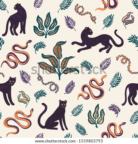 Hand drawn exotic print. Seamless pattern with wild cats, snakes, blackthorn and tropical leaves. Vector modern style illustration for t-shirt, fabric, wrapping and wallpaper design. Doodle background