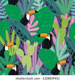 Hand drawn exotic seamless pattern with toucan and tropical leaves. fresh summer pattern for textile, paper, decor and greeting cards