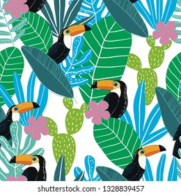 Hand drawn exotic seamless pattern with toucan and tropical leaves. fresh summer pattern for textile, paper, decor and greeting cards