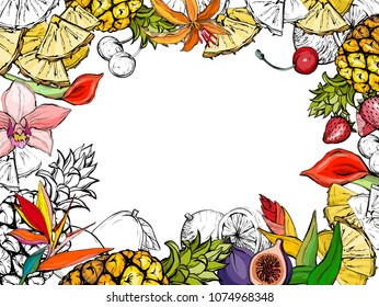 Hand drawn exotic summer background with fruit and flowers