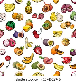 Hand drawn exotic summer seamless pattern with fruit