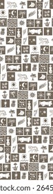 Hand drawn exotic summer vibe retro doodle style,vector,motifs,aztec style, seamless pattern, ancient, palm trees, monochrome, colorful, suitable for 
textile, design, elements, bikini, top