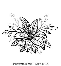 hand drawn exotic tropical lily petals flower seamless art for tattoo or decor composition . vector illustration romantic botanic island theme black contour graphic plant isolated on white background