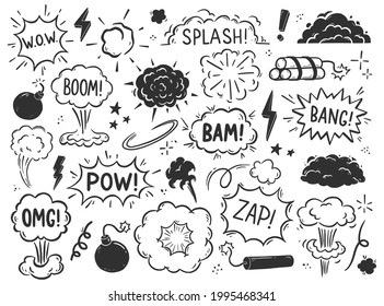 Hand drawn explosion, bomb element. Comic doodle sketch style. Explosion speech bubble with pow, boom, omg text. Vector illustration.